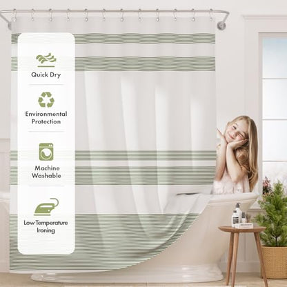 AmazerBath Shower Curtain, Washable Cloth Sage Green with 12 Shower Curtain Hooks, Fabric Green and White Striped Set, Farmhouse Bathroom Shower Curtain, 72x72 Inches - color: A- Sage Green Stripe +12 Metal Hooks, size: 72"W x 72"L (Pack of 1)