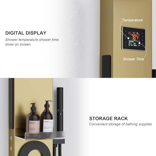 Hoimpro Brushed Gold LED Shower Panel Tower System,2 In 1Function Shower Panel Light Rainfall Waterfall Shower Rain Massage System with Body Jets Handheld Shower Sprayer, Stainless Steel, Wall Mount - color: Gold
