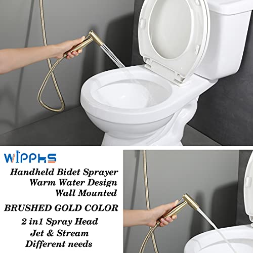Handheld Bidet Sprayer Brushed Gold Warm Water, WiPPhs Stainless Steel Bidet Hand Held Sprayer for Toilet with Brass Hot and Cold Mixing Valve, WI9138BG | Wall Mount Stainless Steel Bidet Hand Held Sprayer with Brass Hot and Cold Mixing Valve, 47 Inches B
