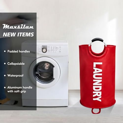 Maxsilan 125L X-Large Laundry Basket Bag, Collapsible Tall Hamper, Red | Freestanding tall laundry bag & foldable washing basket. Large capacity clothes storage bin with durable sturdy handles - color: Red, size: 125L