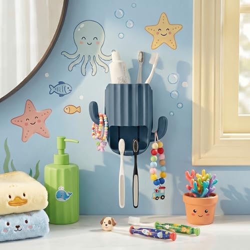 Kids Toothbrush Holder Wall Mount, Cute Cactus (Dark Blue) | Bathroom Organizer, PP Cactus Holder, Toothbrush Toothpaste Hair Tie Accessories,Multi-Function Organizer - color: Blue