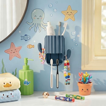 Kids Toothbrush Holder Wall Mount, Cute Cactus (Dark Blue) | Bathroom Organizer, PP Cactus Holder, Toothbrush Toothpaste Hair Tie Accessories,Multi-Function Organizer - color: Blue