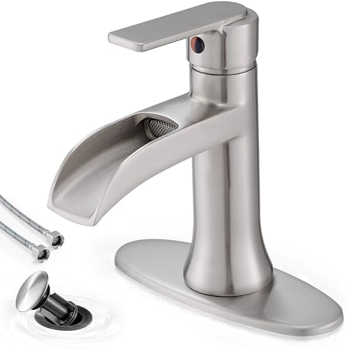 Bathroom Waterfall Faucet Single Handle, Brushed Nickel Faucet Bathroom Brass 1 Hole or 4 Inch 3 Hole Bathroom Sink Faucet, Restroom Faucets for Sink with Drain & Deck Plate for Hotel Apartment - color: Brushed Nickel - Modern