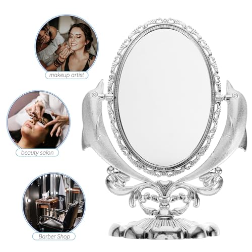 COLLBATH Double-Sided Makeup Mirror with Stand for Tabletop Use, Swivel Cosmetic Mirror with Reflection, Silver Plastic and Glass Material, Elegant Design for Dresser or Vanity