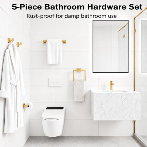 5-Piece Brushed Gold Bathroom Accessorys Stainless Steel Towel Bar Set | Square Wall Mounted Towel Rack with Toilet Paper Holder Towel Ring and Hook for Bathroom Outdoor Shower - color: Brushed Gold