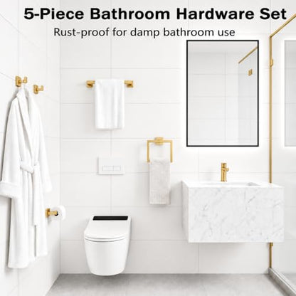 5-Piece Brushed Gold Bathroom Accessorys Stainless Steel Towel Bar Set | Square Wall Mounted Towel Rack with Toilet Paper Holder Towel Ring and Hook for Bathroom Outdoor Shower - color: Brushed Gold