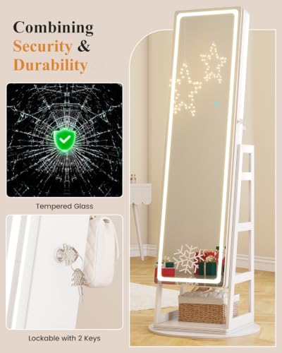 Standing Jewelry Cabinet Mirror with Adjustable LED Light White | 63" Lockable Jewelry Armoire Organizer with 4 Rear Shelves & Hooks, 360° Swivel, for Bedroom, Living Room, Women Girls Gift - color: White 1