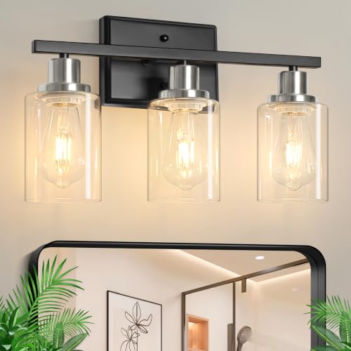 Ascher Bathroom Vanity Light Fixtures, 3 Light Wall Sconces Lighting with Clear Glass Shade, Black and Brushed Nickel Wall Lights for Mirror, Kitchen, Living Room, E26 Base (Bulbs Not Included) - color: Black&Brushed Nickel, size: 3 Light