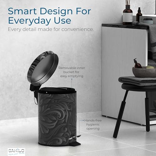Sanilo Small Bathroom Trash Can with Lid [1.3 Gallon] - Lidded Tiny Trashcan for Garbage - Mini Metal Bin with Soft Closing Mechanism - Bath Room Accessoire Wastebin with Inner Bucket (Floral) - color: Floral