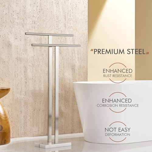 KOKOSIRI Towel Rack Free Standing Brushed Nickel 2-Tier Towel Holder for Bathroom Floor Stand with Heavy Marble Base Thicken Steady Design Stainless Steel THS0005-BR - color: Brushed Nickel