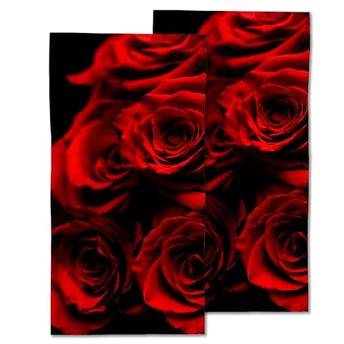 Rose Hand Towels Set, Abstract Red Rose & Black Leaves Polyester Cotton Soft Bath & Kitchen Towels 14x28 - color: Abstract Red Rose and Black Leaves