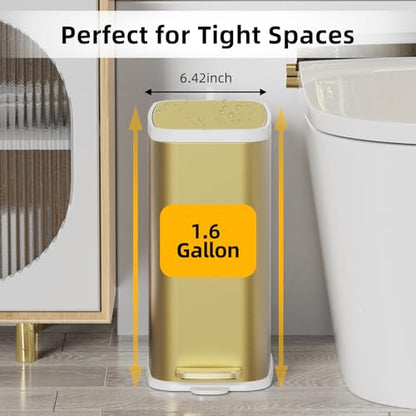 KdbK Champagne Gold Bathroom Trash Can with Lid Soft Close,1.6 Gallon Slim Garbage can,Small Metal Step Wastebasket for Office, Bedroom, Toilet, Live Room - color: Champagne Gold