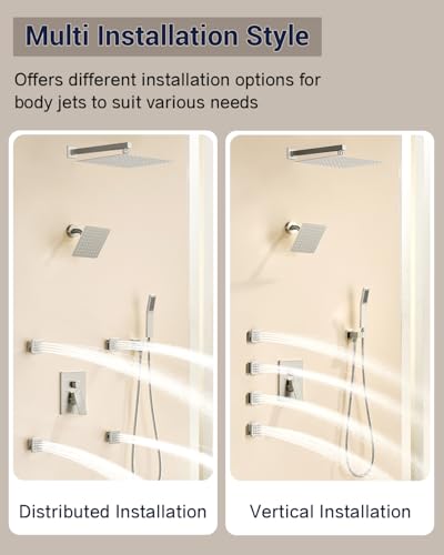 Dual Rainfall Shower Head System with 4 Body Jets, JetsBath Shower Faucet Set Double Shower Head 6-Inch Shower Head & 12” Rain Shower,Luxury Brushed Nickel Shower Faucet Set,Wall-Mounted Shower System - color: Brushed Nickel