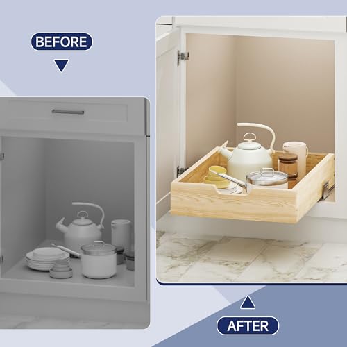 Pull Out Cabinet Organizer, 16.5 in W x 21 in D Solid Wood Slide Out Drawer, Soft Close Sliding Shelf, Bottom or Side Mount for Kitchen Pantry Bathroom, Fits 17.5 in Cabinet Opening - size: 16½” W × 4"H x 21” D
