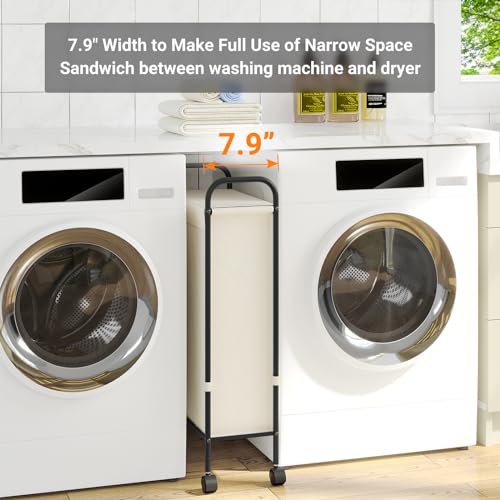 ELYKEN Slim Laundry Hamper with Lid & Wheels, 50L Rolling Laundry Basket | 7.9" Narrow Design, 50L, Removable Liner Bag, Lockable Wheels, Space Saving Clothes Hamper for Bathroom, Bedroom, Closet - style: Creamy-50L