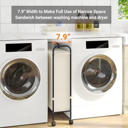ELYKEN Slim Laundry Hamper with Lid & Wheels, 50L Rolling Laundry Basket | 7.9" Narrow Design, 50L, Removable Liner Bag, Lockable Wheels, Space Saving Clothes Hamper for Bathroom, Bedroom, Closet - style: Creamy-50L