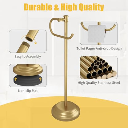 Toilet Paper Holder Floor Stand, Bathroom Freestanding Gold | Toilet Tissue Roll Holder, Free Standing Rack with Storage, Weighted Base Accessories, SUS304 Stainless Steel Rustproof - color: Gold