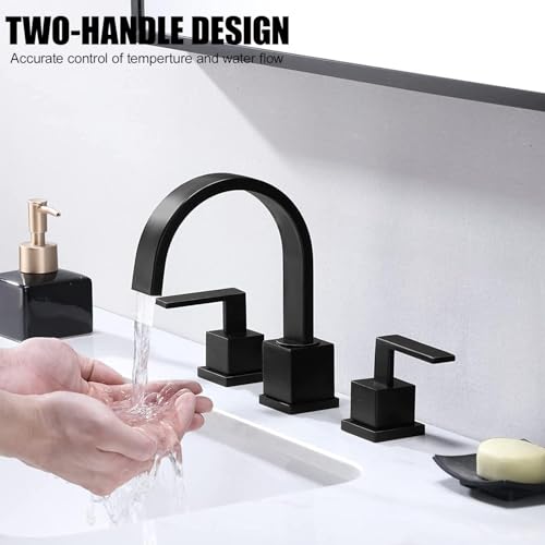 Matte Black Bathroom Faucet, Black Faucet Bathroom 3 Hole 8inch Widespread Waterfall 2 Handle Black Faucets Bathroom Sink Vanity Faucet with Pop Up Drain and Supply Lines - color: Matte Black