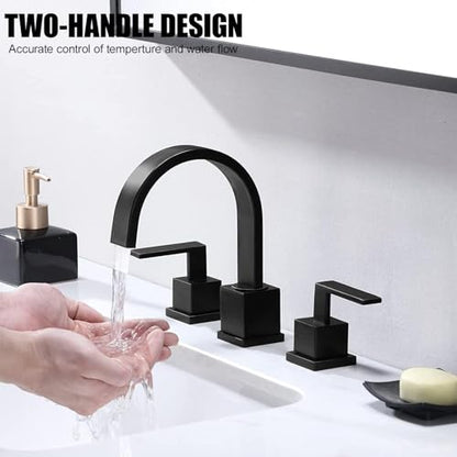 Matte Black Bathroom Faucet, Black Faucet Bathroom 3 Hole 8inch Widespread Waterfall 2 Handle Black Faucets Bathroom Sink Vanity Faucet with Pop Up Drain and Supply Lines - color: Matte Black