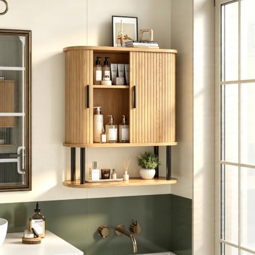 Fluted Bathroom Wall Cabinet, Wall Mounted Medicine Cabinet with Sliding Tambour Door & Adjustable Shelf, 3-Tier Over the Toilet Storage Cabinet for Laundry Room, Kitchen, Natural - color: Natural
