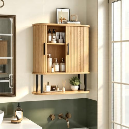 Fluted Bathroom Wall Cabinet, Wall Mounted Medicine Cabinet with Sliding Tambour Door & Adjustable Shelf, 3-Tier Over the Toilet Storage Cabinet for Laundry Room, Kitchen, Natural - color: Natural