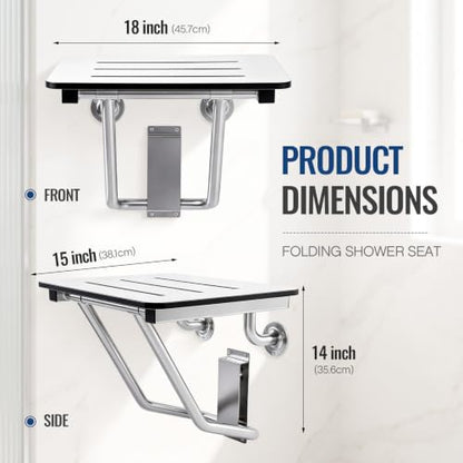 Leinuosen 18" x 15" Folding Shower Seat Bench ADA Compliant Wall Mount Phenolic White Foldable Shower Chair with Stainless Steel Support 400 Lbs Capacity for Inside Bathroom Bathtub Small Space