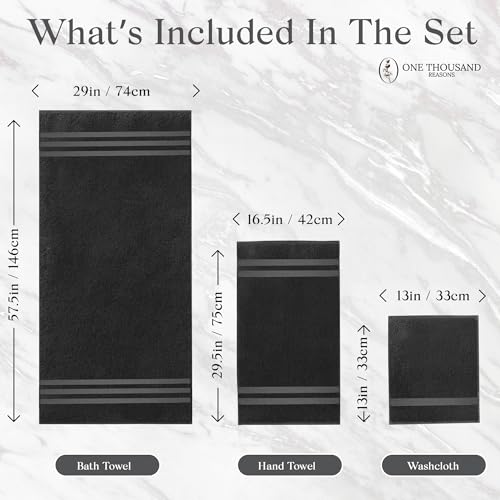 Premium Staple Cotton Bathroom Towel Set - Black 600 GSM 6-Piece Luxury Bath Towel Set 3 Stripe - 2 Bath Towels, 2 Hand Towels & 2 Washclothes Set - High Absorbent & Quick Dry for Gym, Spa, Hotel - color: Black - 3 Stripe