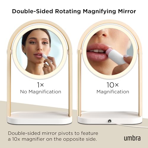 Umbra Bellwood Vanity Mirror, LED Double-Sided Magnifying, White/Natural | Glass frame, three light temperatures, touch sensor dimming, integrated storage tray, USB-C powered