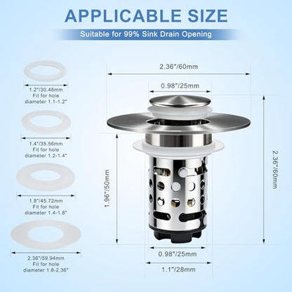 Upgraded 3 in 1 Bathroom Sink Drain Strainer, Universal Pop Up Stopper with Removable Stainless Steel Filter Basket Hair Catcher, Sink Plug for 1.1''~2.36'' Basin, Brushed Nickel Finish (1PC) - style: Brushed Nickel Finish (1PCS)
