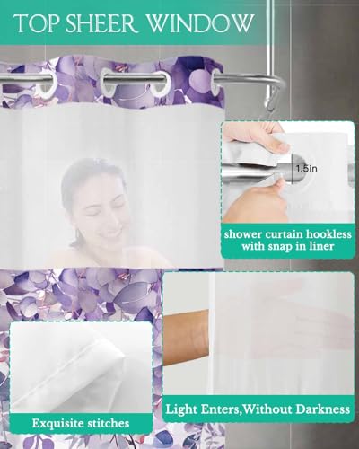 No Hook Shower Curtain and Snap in Liner Set, Purple Eucalyptus Fabric Bathroom Stall Shower Curtains 54x78, See Through Mesh Top Window, Spring Summer Botanical Floral Leaves Country Hotel Style - color: Purple, size: 54"W x 78"L (Pack of 1)