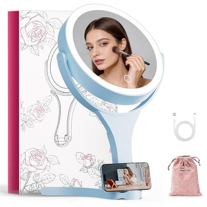 Hasipu Makeup Mirror with Lights 2000mAh Rechargeable Travel Mirror | 1X/10X Magnifying, Phone Stand Design, Rechargeable, 360° Rotatable, 3 Color Dimmable, Tabletop, Handhold, Hanging, Blue - color: Blue