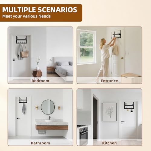Inmorven Over The Door Hooks Organizer, Hanger Storage with 6 Hooks & 1 Mesh Baskets, Back of Door Storage for Towels, Coats, Clothes - Space Saving Hanging Rack for Bathroom,Living Room,Kitchen
