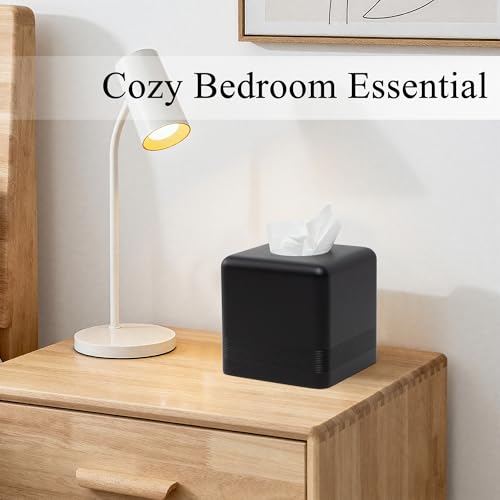 Resin Tissue Box Cover, Modern Square Holder, Black | Black resin tissue box cover with modern square design and silicone feet for bathroom vanity, office desk, and living room - color: Black