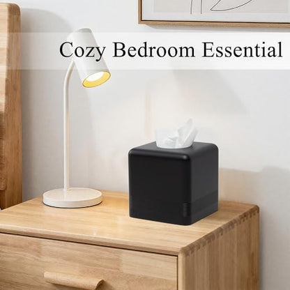 Resin Tissue Box Cover, Modern Square Holder, Black | Black resin tissue box cover with modern square design and silicone feet for bathroom vanity, office desk, and living room - color: Black