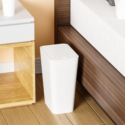 Yieach 12L White Slim Bathroom Trash Can with Lid,3.17 Gallon Pet/Dog Proof Kitchen Trash Can,Rectangle Thin Garbage Can,Covered Waste Basket,Narrow Small Plastic Trashcan for Room,Bedroom,Office,3PCS - color: White, size: 12L - 3 PACK