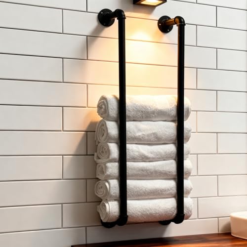 Industrial Pipe Towel Rack for Bathroom Wall Mounted,Towel Holder Black | 36 Inch,Made of Galvanized Steel,Easy To Install,Hold Up To 9 Regular Size Bath Towels,For Farmhouse Bathrooms Laundry Rooms - size: 36 Inch