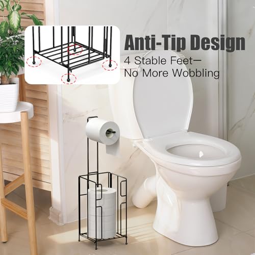 Toilet Paper Holder Stand with Storage, Free Standing Paper Roll Dispenser for 4 Mega Rolls, Space-Saving Bathroom Organizer, Easy Assembly & Stable