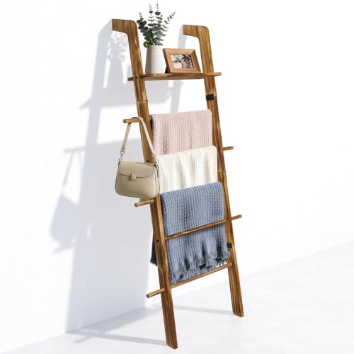 Blanket Ladder 67" Wide 6-Tier Wooden Farmhouse Rustic Towel Rack | Blanket Rack with Hooks, Quilt Ladder for Display, Blanket Ladders for the Living Room Bedroom, Home Decor, Easy Assembly - color: Rustic Brown