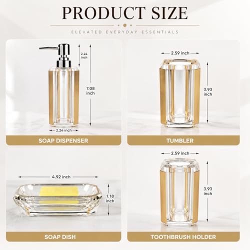 LGURT 4pc Crystal Clear Acrylic Bathroom Set, Brushed Gold Soap Dispenser | Soap dish, rinse cup & holder, with brushed gold accent. For apartment, guest bath, or vanity countertop. - color: Gold