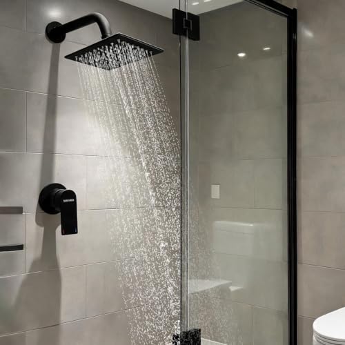 SOLVEX Shower Faucet Set with Valve Rain Shower System Head Stainless Steel Wall Mount Single Handle Shower Trim Kit 6 Inch High Pressure Shower Head Matte Black SP-90103-N - color: Black
