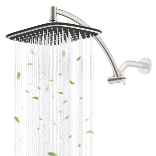 Rain Shower Head with 12" Metal Extension Arm, 10" High-Pressure Showerhead | Brushed Nickel, Boosting Rainfall/Fixed Showerhead, Shower Head Extender Adjustable Height/Angle, 1-Min Easy to Install - color: Brushed Nickel, size: 12 Inch