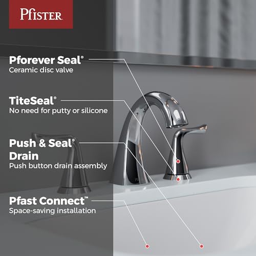 Pfister Willa 3 Hole Widespread Bathroom Sink Faucet with 2 Handles Polished Chrome Finish Push & Seal Drain TiteSeal Technology NSF Certified Vanity Faucet LF049MALCC - color: Polished Chrome, size: 1 Pack
