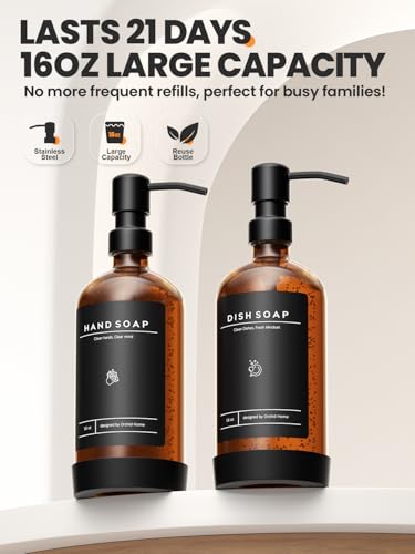 [Luxury] Kitchen Soap Dispenser Set - 16OZ Amber Glass Bottle, Stainless Steel Pump, Instant Dry Tray, Waterproof Labels, Non-Slip Silicone Pad, and Dish Brush | Upgrade for Your Kitchen and Bathroom - color: Amber Bottle + Black Pump
