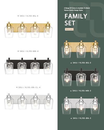 3-Light Brushed Gold Bathroom Vanity Light, Wine Clear Glass Shades | 17" modern bathroom light fixtures over mirror, E26 base, bulbs not included, VL155-BG-3 - color: Brushed Gold, Wine Glass Shade, size: 3-light
