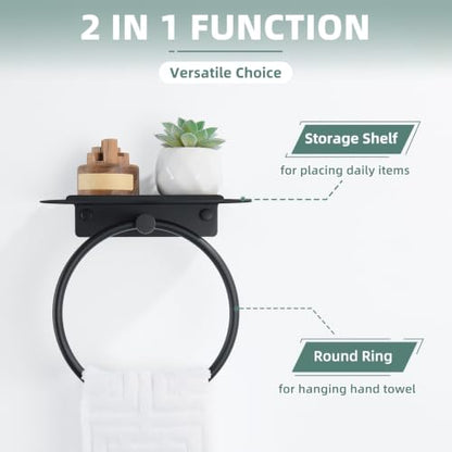 Angle Simple Hand Towel Holder with Shelf, Swivel Towel Ring Matte Black | SUS304 Stainless Steel, Bathroom Kitchen Space Saver, Wall Mount - color: Matte Black