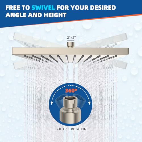 Hibbent cUPC Certified High Pressure 10'' Rain Shower Head, Brushed Nickel | Metal Square Bathroom Waterfall Thickness Shower Heads, High-flow Fixed Rainfall Showerheads, Adjustable Brass Ball Joint - color: Brushed Nickel, style: Square 10''
