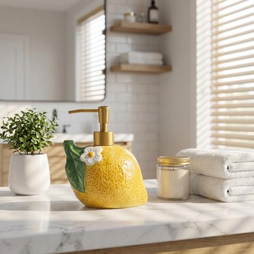 RQYIXI 17 OZ Lemon Ceramic Soap Dispenser with ABS Pump,Refillable Liquid Bathroom soap Dispenser for Lotion ,Body Wash ,Cute Kitchen Soap Dispenser for Dish Soap,Hand Soap - color: Lemon