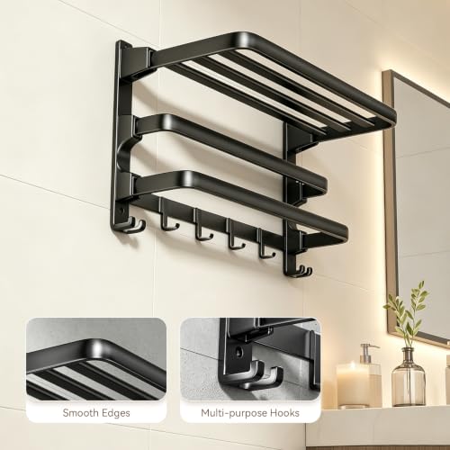 24 Inch Towel Rack for Bathroom, Wall Mounted Shelf with 2 Bars and 7 Hooks, Foldable Double Towel Rod, Space Saving Rustproof Storage Organizer for Bathroom, Hotel and Lavatory, Matte Black