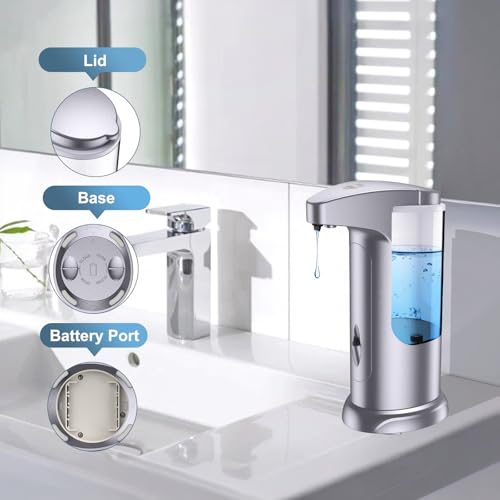 12.5oz Automatic Liquid Soap Dispenser, Touch-Free Battery Operated Adjustable Soap Dispensing, Volume Premium for Kitchen Bathroom Toilet - color: Silver