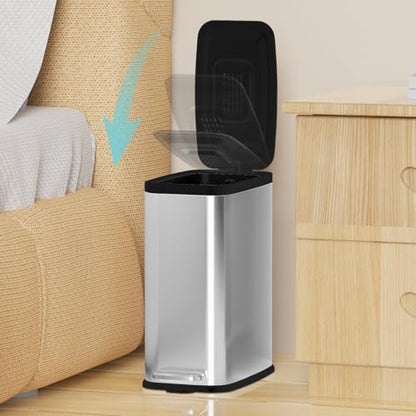 KdbK Stainless Steel Bathroom Trash Can with Lid Soft Close,1.6 Gallon Slim Garbage can,Small Metal Step Wastebasket for Office, Bedroom, Toilet, Live Room - color: Silver